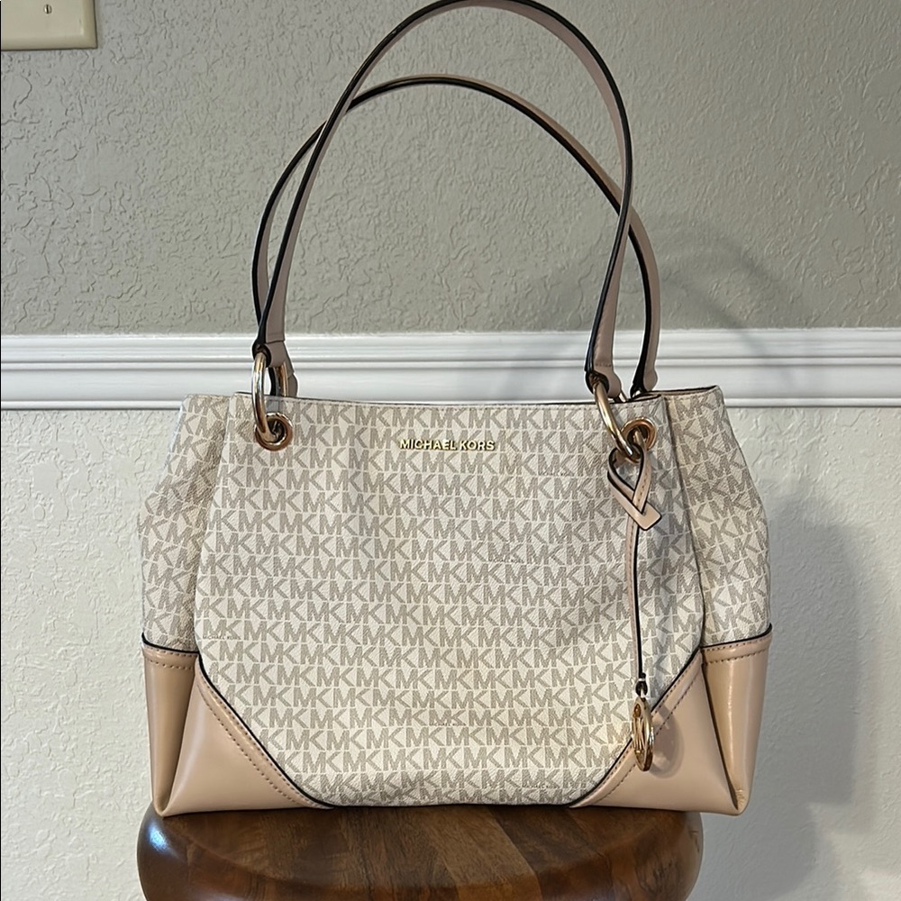 Michael Kors Cream and Tan Shoulder Bag with Signature Pattern